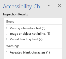 Screenshot of Inspection results in Accessibility checker listing 3 errors and 1 warning. 