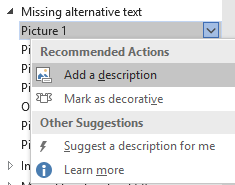 Screenshot showing Missing alternative text item listing Recommended Actions with Add a description highlighted.