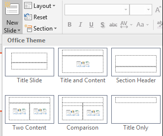 Screenshot showing New Slide with open drop down menu showing multiple slide layouts.