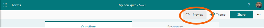 Quiz in MS Forms with Preview button highlighted