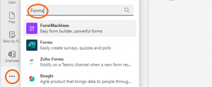 MS Teams menu with More added apps highlighted and Forms written in the search bar