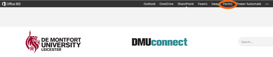 Head of DMU Connect webpage showing top menu with Forms selected