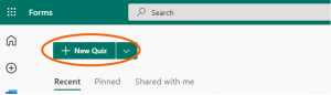 Forms app in web browser with New Quiz button highlighted