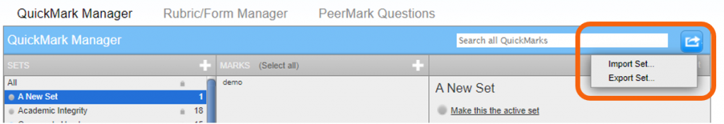 Import Set and Export Set highlighted in drop-down list in QuickMarks Manager
