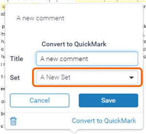 Add to set drop-down list highlighted in Convert to QuickMark pop-up