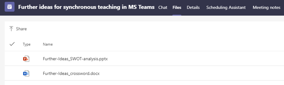 Files listed under the Files tab in a MS Teams meeting 