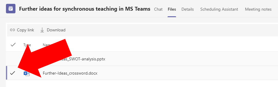 File selected is highlighted in MS Teams meeting Files tab