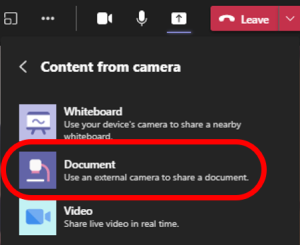 Document option highlighted in MS Teams meeting settings