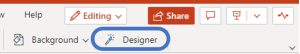 Ribbon in M365 PowerPoint app with designer highlighted