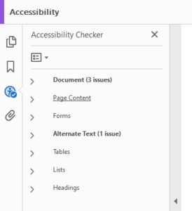 Screenshot of Accessibility Checker results panel in Acrobat Pro
