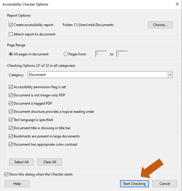 Screenshot of Acrobat Pro with Accessibility Checker Options panel open