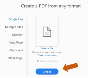 Screenshot of Acrobat Pro highlighting Create button